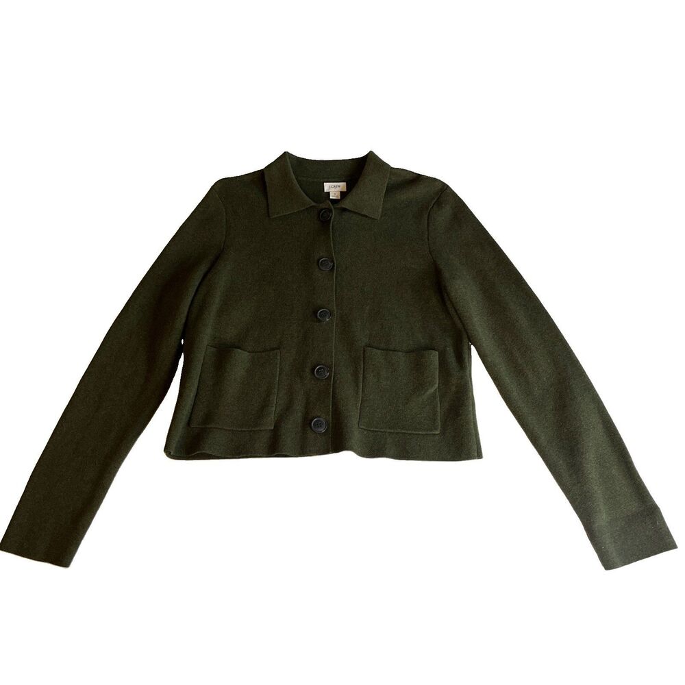 J Crew Tweed Cardigan Womens S Olive Green Preppy 100% Cotton Button Collar L/S